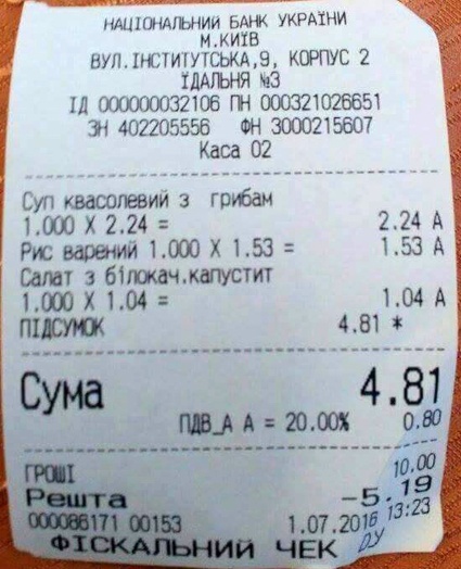 Чек из столовой Нацбанка на сумму 4 грн. 81 коп. «Мне сложно комментировать этот чек. Насколько я знаю, цена продуктов в нем — исключительно их себестоимость»