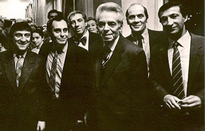Геннадий Хазанов, Марк Розовский, Сергей Юрский, Аркадий Райкин, Александр Филиппенко и Семен Альтов в Московском театре эстрады, 80-е