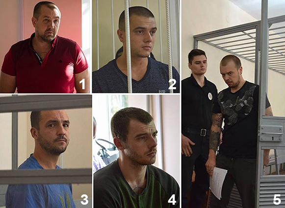 Исполнители убийства Екатерины Гандзюк согласно приговору суда. 1 — Сергей Торбин (прозвище Опер), бывший милиционер, координатор нападения, получил шесть с половиной лет заключения. 2 — Никита Грабчук, непосредственно обливший Екатерину серной кислотой, приговорен к шести годам. 3 — Виктор Горбунов, покупавший кислоту, приговор — три года. 4 — Владимир Васянович, который выслеживал жертву, приговорен к четырем годам. 5 — Вячеслав Вишневский, также следивший за Катей, проведет четыре года за решеткой 